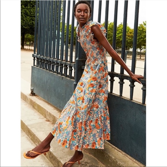 Sea Biarritz Floral Smocked Ruffle Cap Sleeve Tiered Midi Dress Orange Sz 8 - Picture 2 of 13